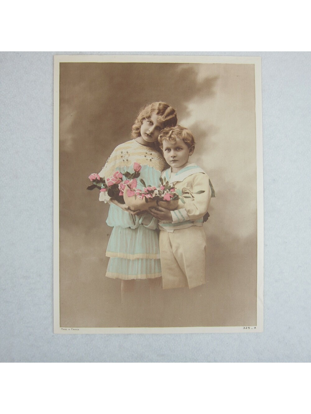 Antique 1920s Photo Print Little Girl & Boy in Sailor Suit & Pink Flowers France